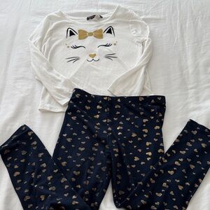 White Cat Face Top and Navy Heart Leggings Set size 6x